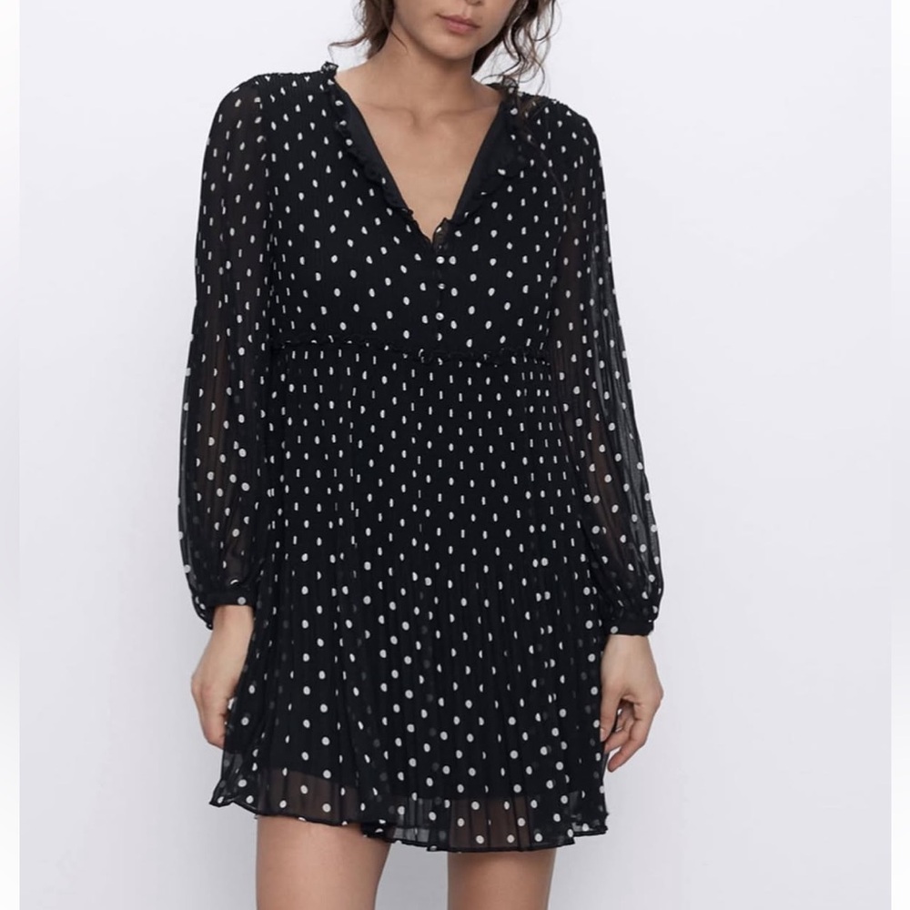 ZARA Long Sleeve Babydoll Mini Dress Black and White Polka Dot Chiffon Small